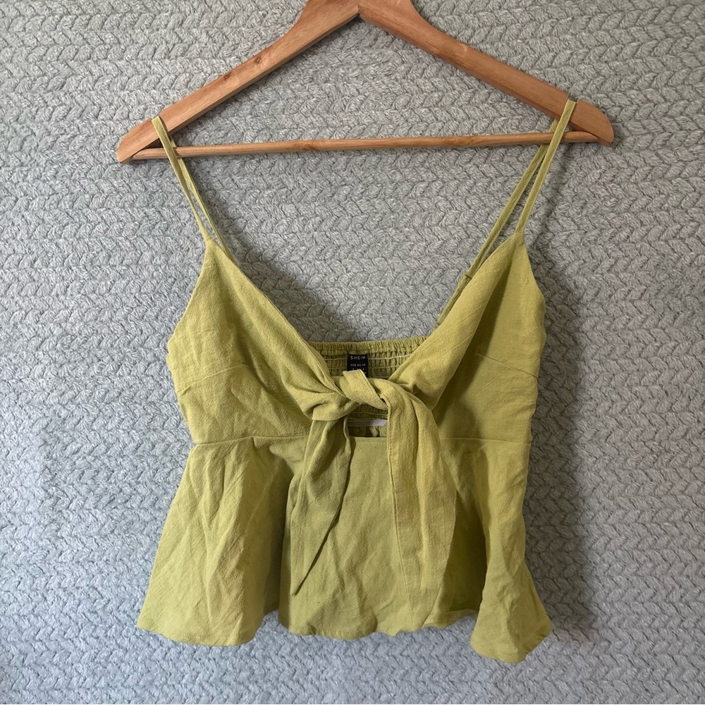 SHEIN Lime Green Tie-Front Peplum Cami Crop Top Small Summer Boho Babydoll Y2K